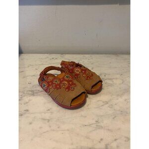 Oilily Sandals Girls Size 5.5 Red Floral Leather Flat Shoes Made Italy EU 21